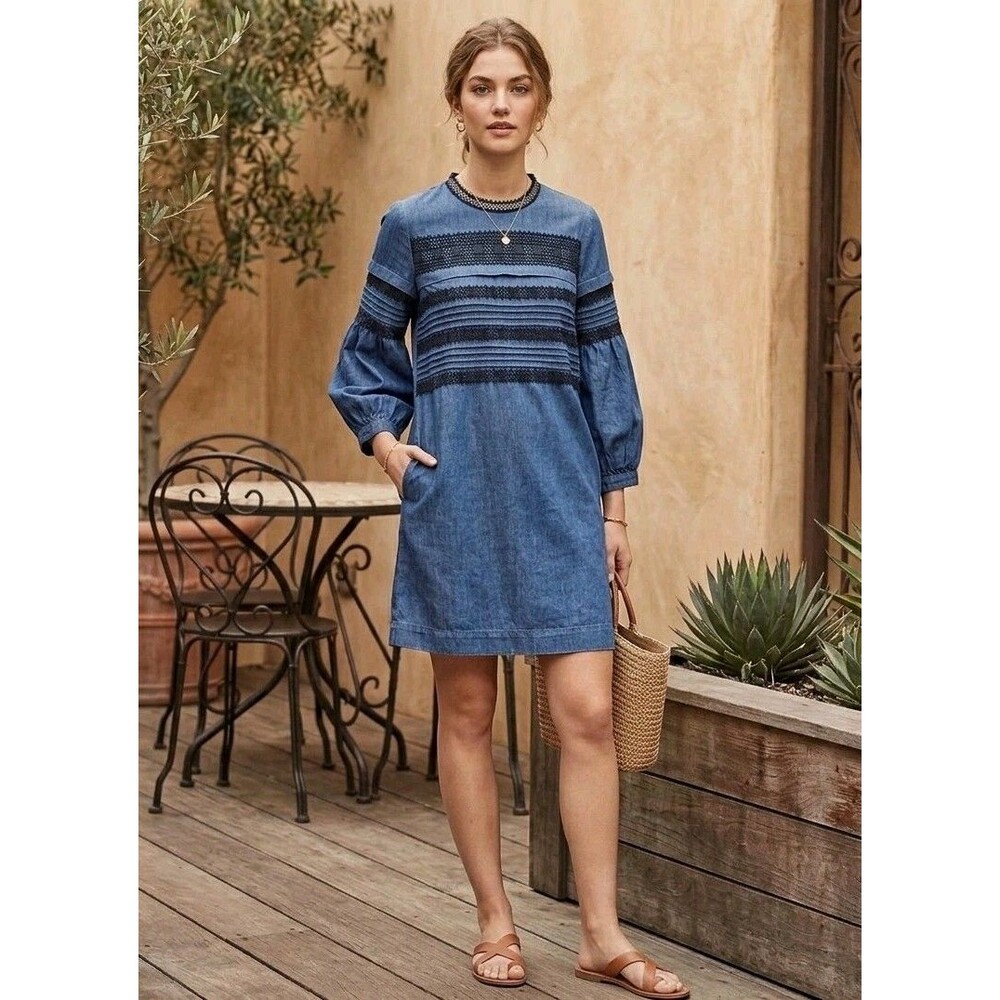 Banana Republic Blue Denim Balloon Sleeve With Lace Dress Size 10
